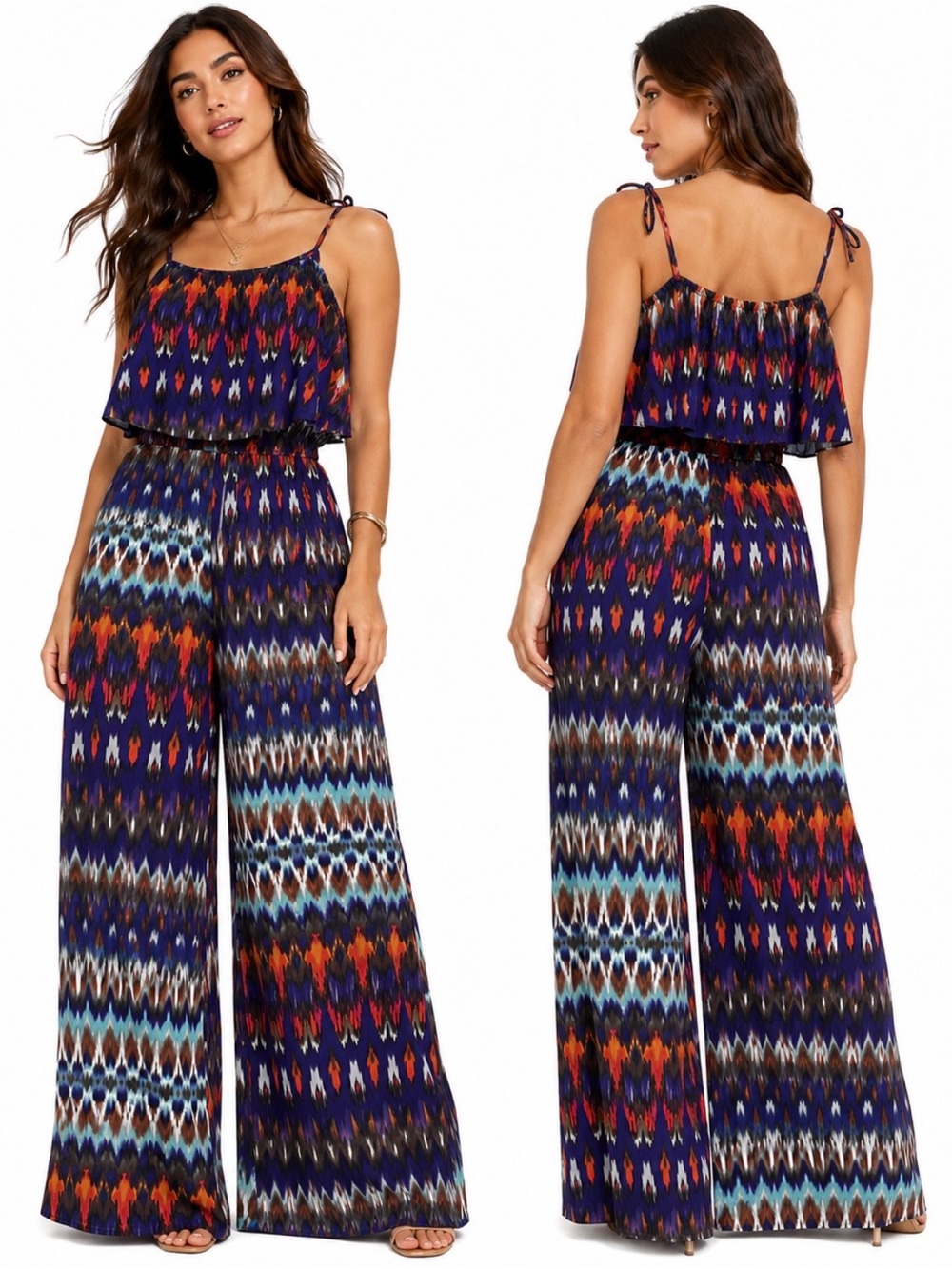 Womens XL New Directions Jumpsuit Colorful Boho Peasant Wide Leg Relaxed Flowy